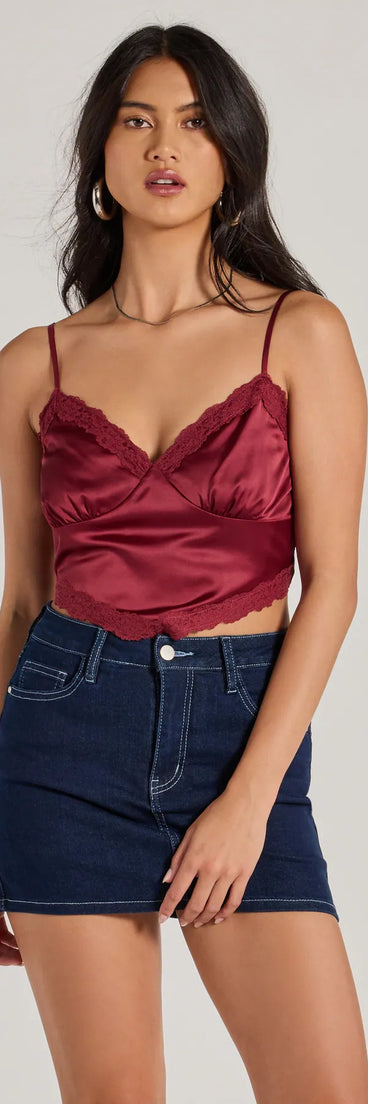 The Romance In The Air Lace Trim Satin Cami Crop Top in raisin purple with a modern design and trendy look is part of the latest women's tops collection to elevate your 2025 wardrobe.