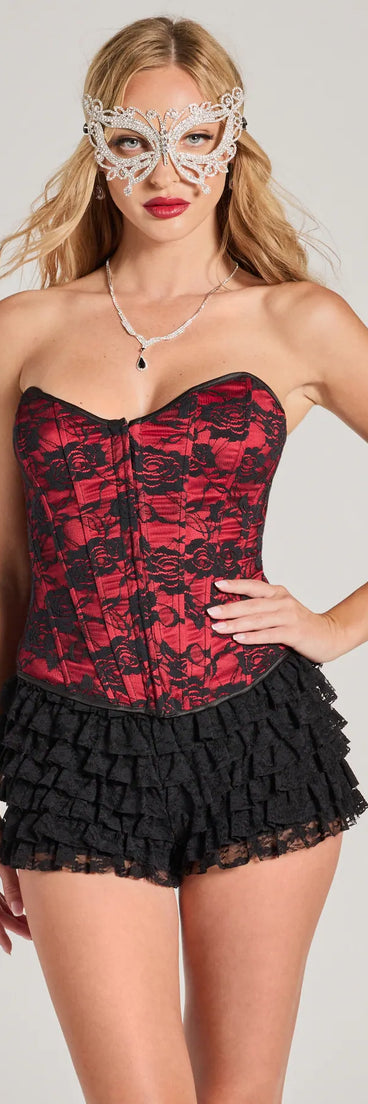The Queen Of Midnight Lace Corset Top in red with a modern design and trendy look is part of the latest women's tops collection to elevate your 2025 wardrobe.