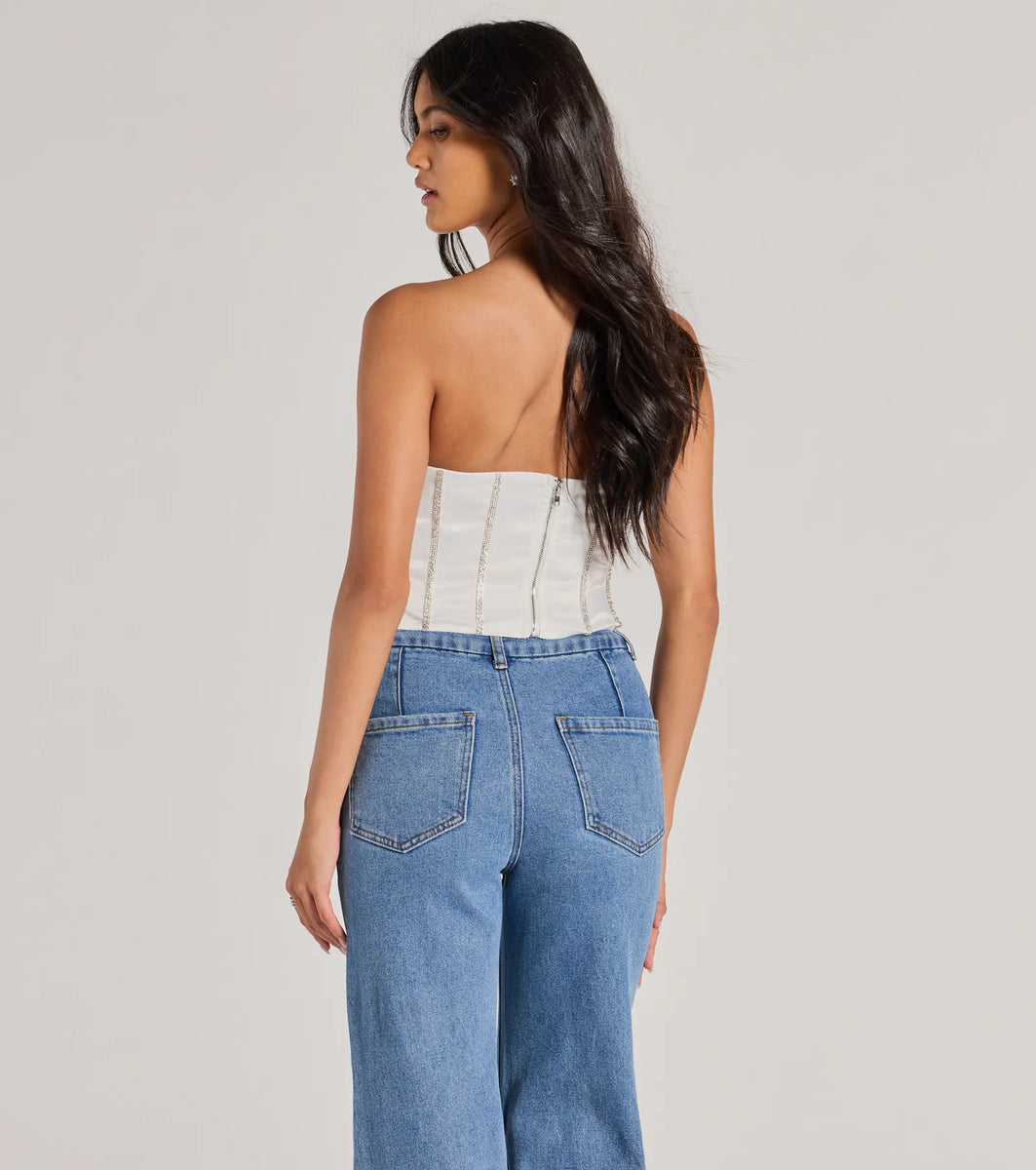 Glitz It Up Rhinestone Trim Satin Strapless Corset Top | Windsor