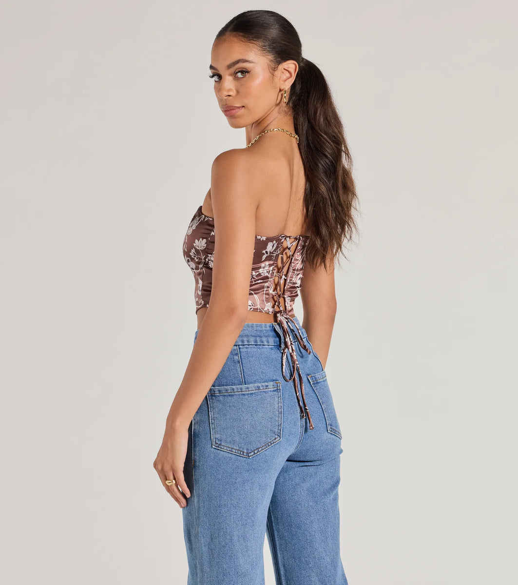 Chic Sheen Floral Satin Strapless Corset Top | Windsor