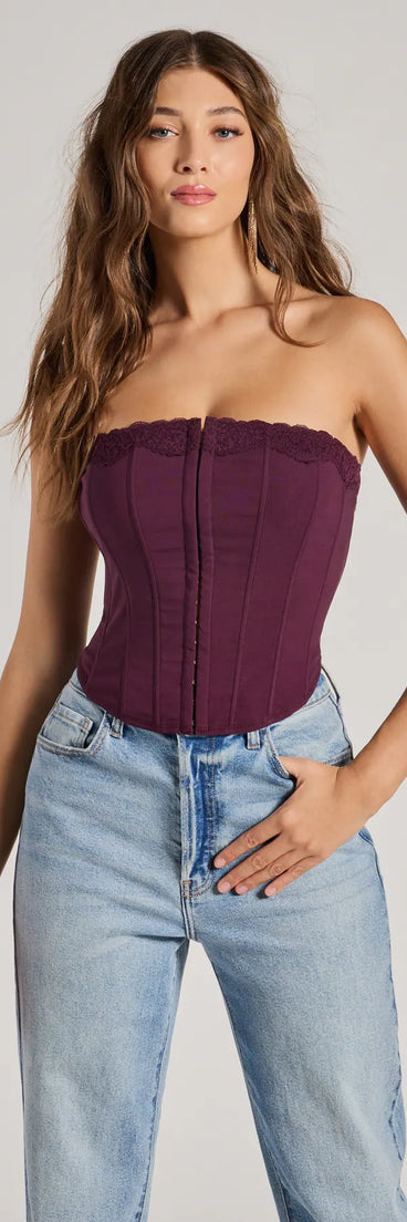The Chic And Snatched Strapless Lace Trim Corset Top in plum with a modern design and trendy look is part of the latest women's tops collection to elevate your 2025 wardrobe.