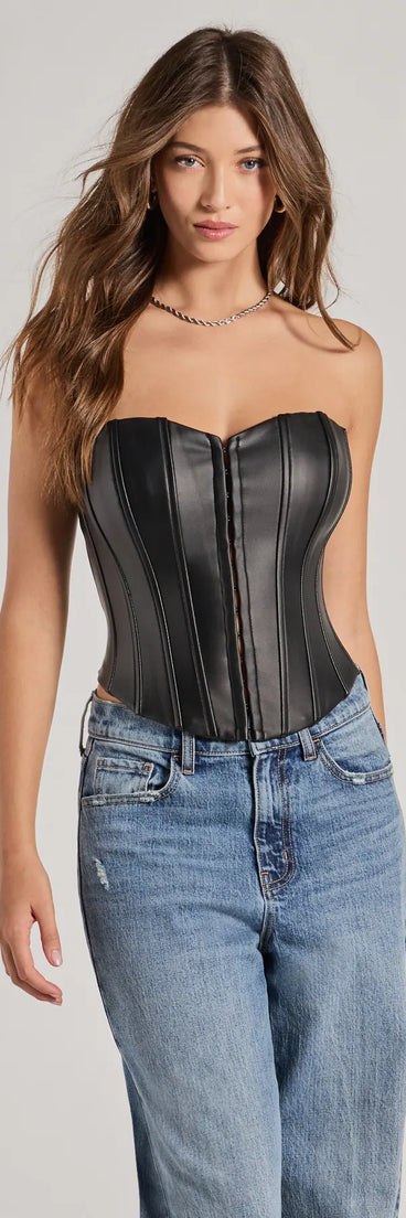 The Level Up Sleek Faux Leather Strapless Corset Top in black with a modern design and trendy look is part of the latest women's tops collection to elevate your 2025 wardrobe.