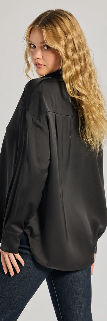 The Always Chic Satin Button-Down Long Sleeve Top in black with a modern design and trendy look is part of the latest women's tops collection to elevate your 2025 wardrobe.