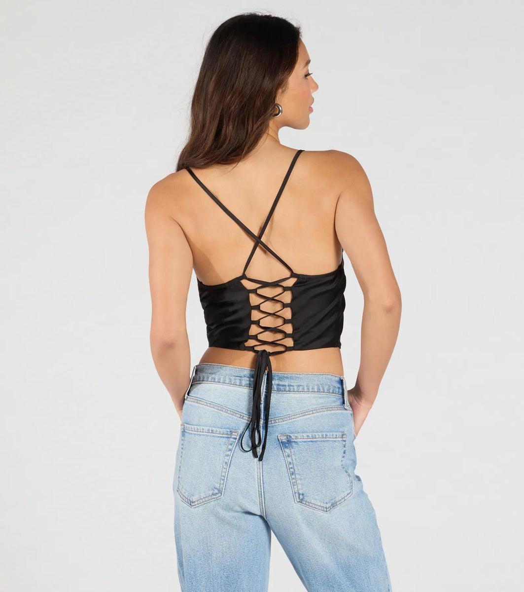 Sultry Stunner Lace-Up Satin Crop Top | Windsor