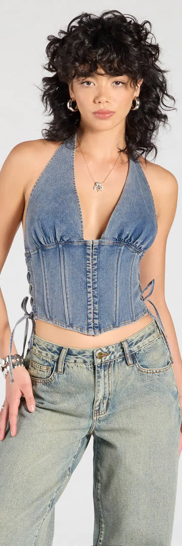 Stay on-trend this season with the The New Classic Halter Lace-Up Denim Corset Top in medium denim wash, a must-have for creating stylish and effortless fall outfits for women.