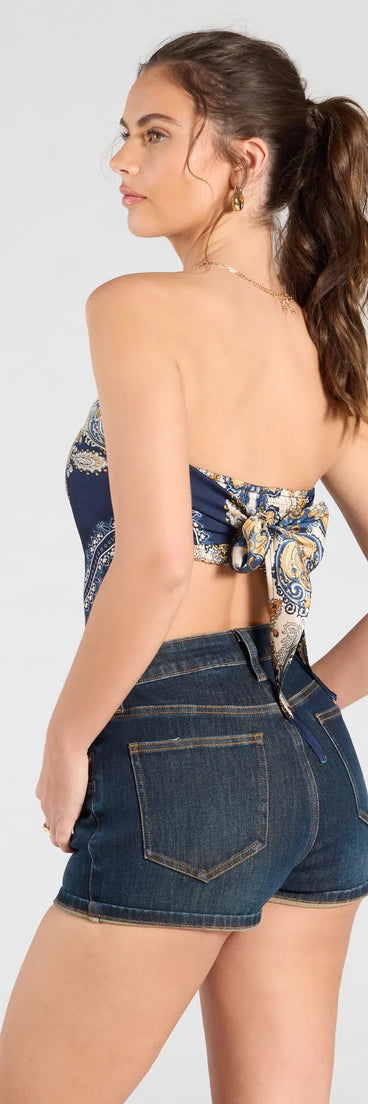 With its midriff cut and trend-forward fit, the Sun Soaked Cutie Satin Scarf Top is a navy blue crop top made to pair with skirts, denim, or whatever vibe you're feeling this season.