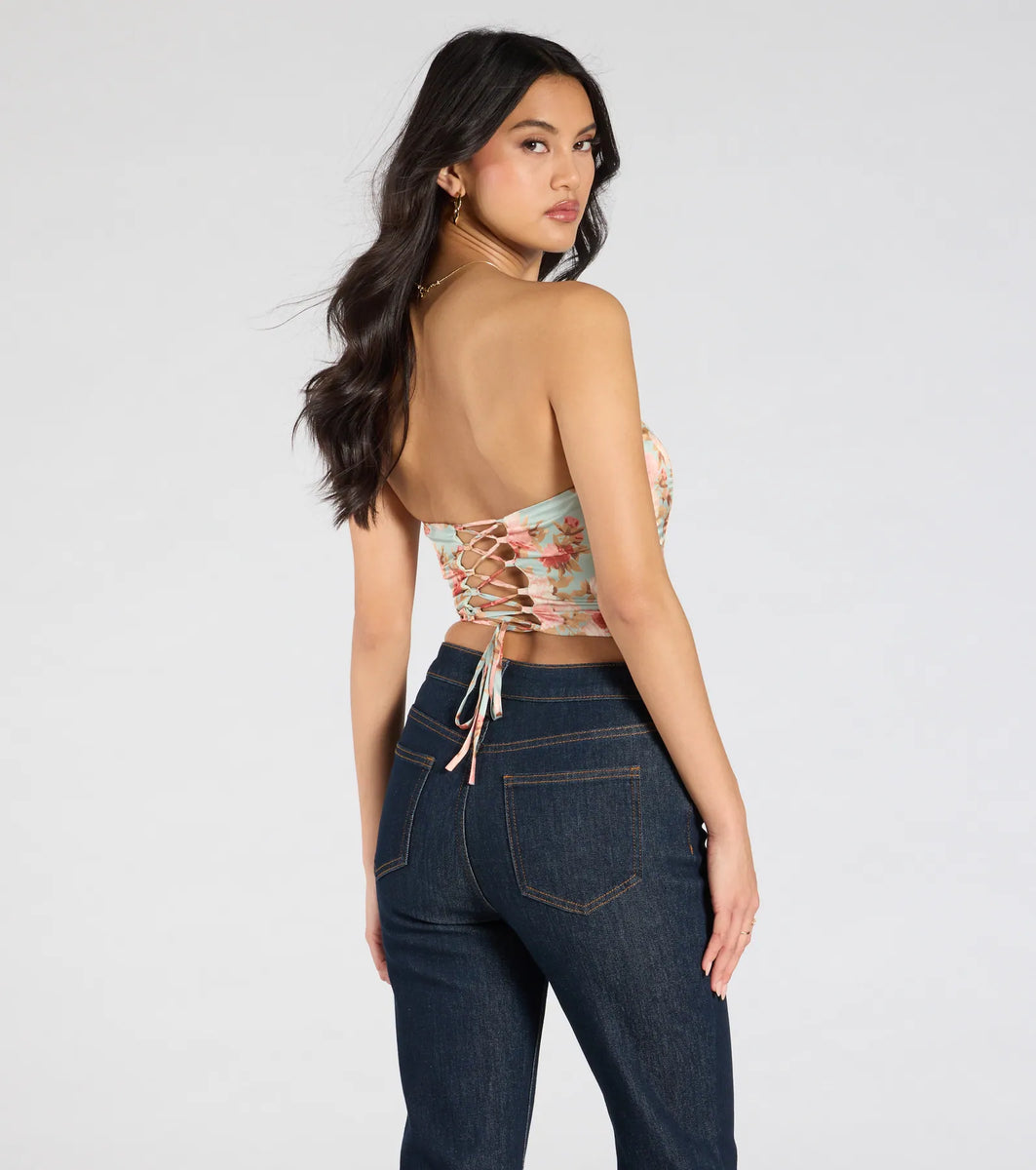 Floral Aesthetic Lace-Up Satin Corset Top | Windsor