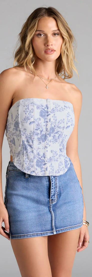 With its midriff cut and trend-forward fit, the Pick The Flowers Lace Trim Floral Corset Top is a white crop top made to pair with skirts, denim, or whatever vibe you're feeling this season.
