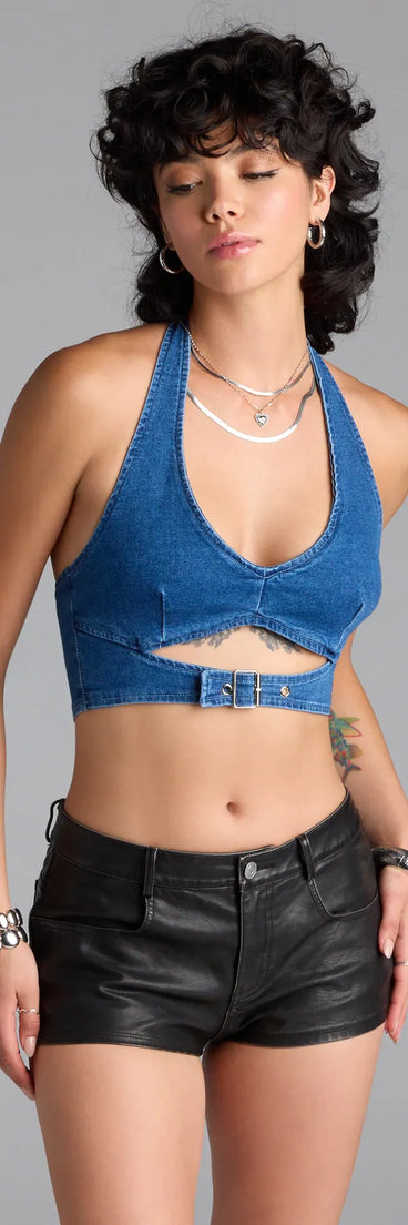 From bold to effortless, the Buckled Babe Halter Denim Crop Top lets you define your vibe with denim blue tops that speak your style.