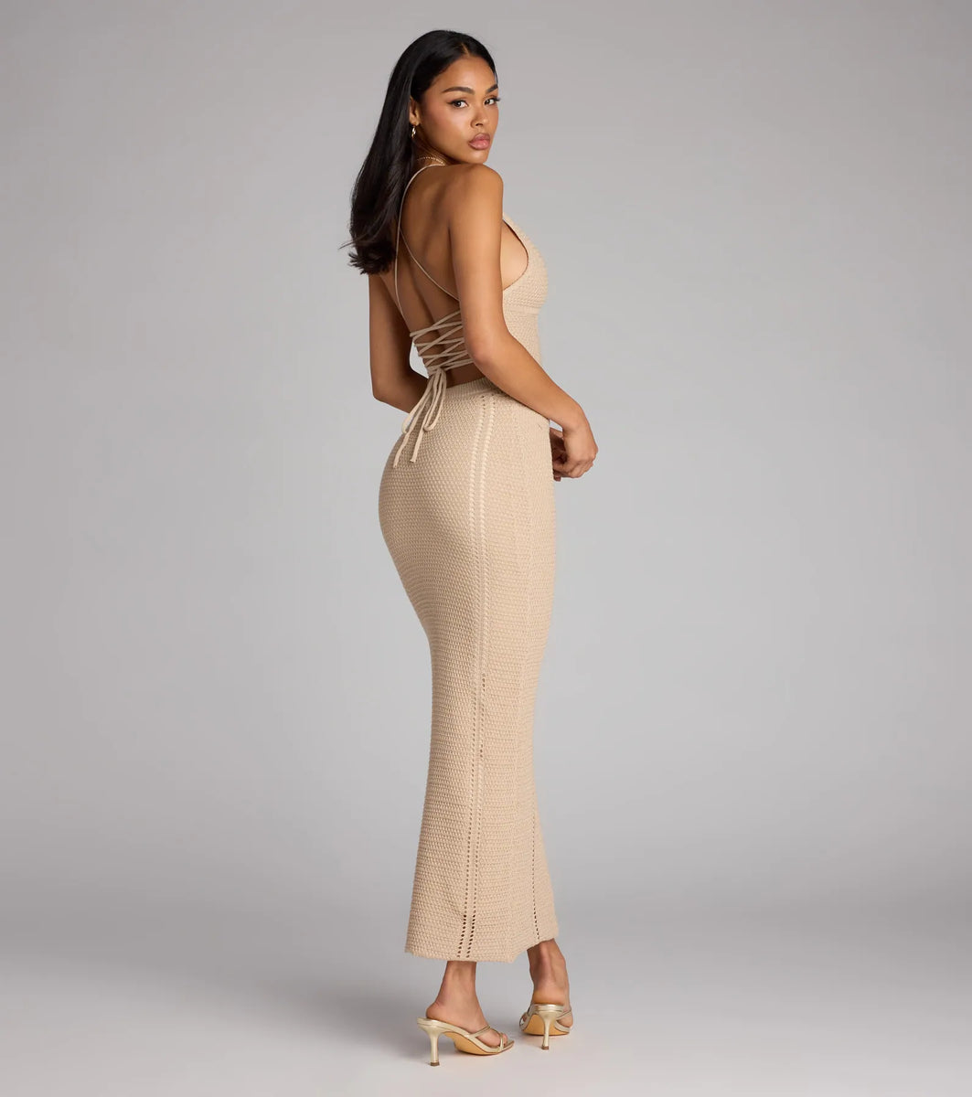 Beach Goddess Crochet Lace-Up Maxi Dress | Windsor