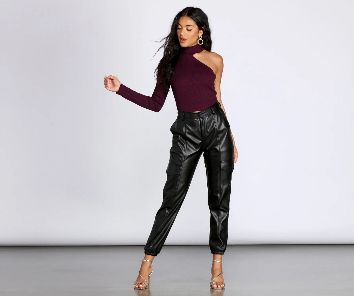 【YOURNUS】High Neck Leather Crop Padding Satin Cowl Neck Strappy Crop Top | Windsor