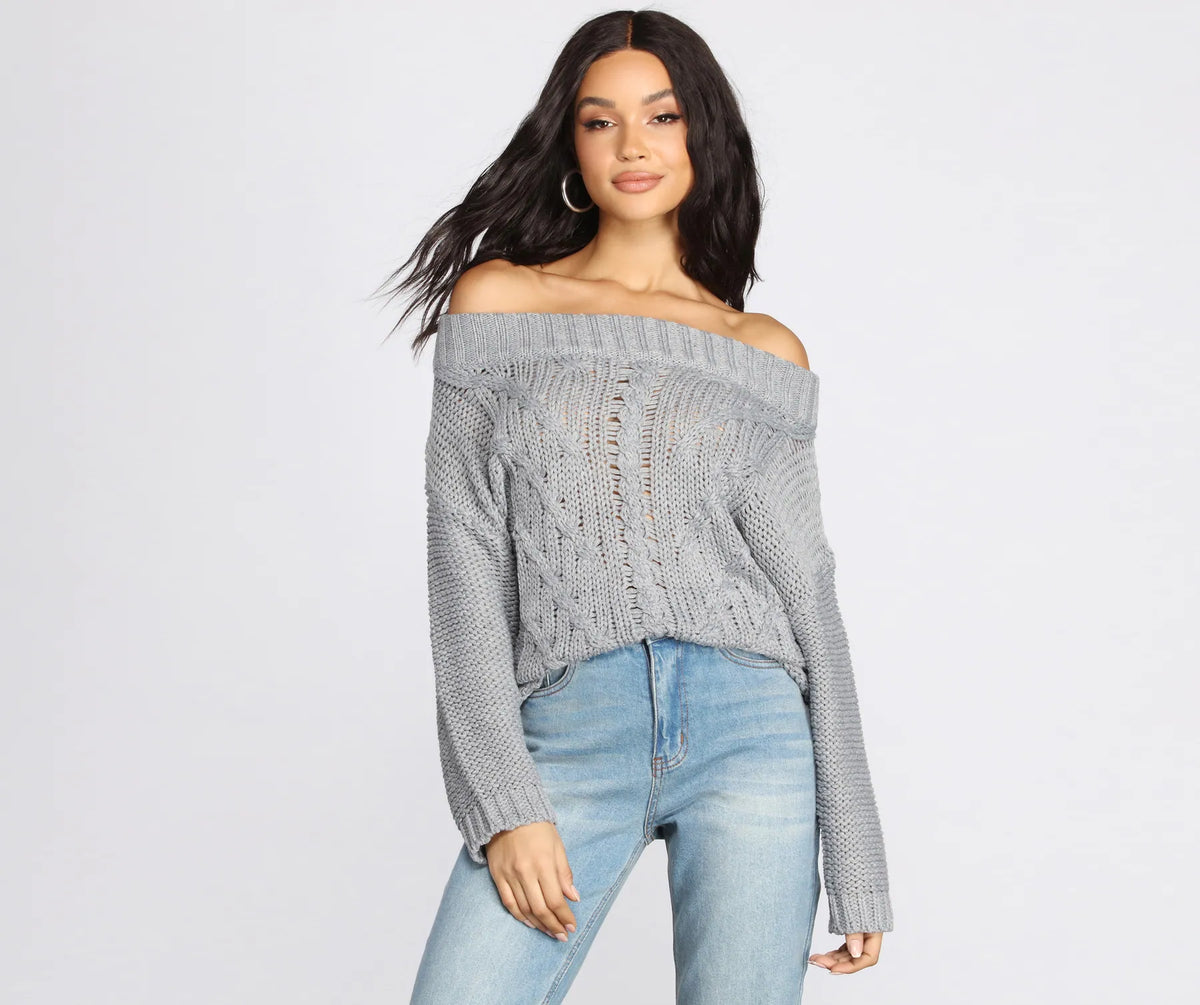 Off The Shoulder Cable Knit Sweater | Windsor