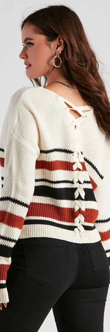 Sassy Striped Lattice Back Knit Sweater