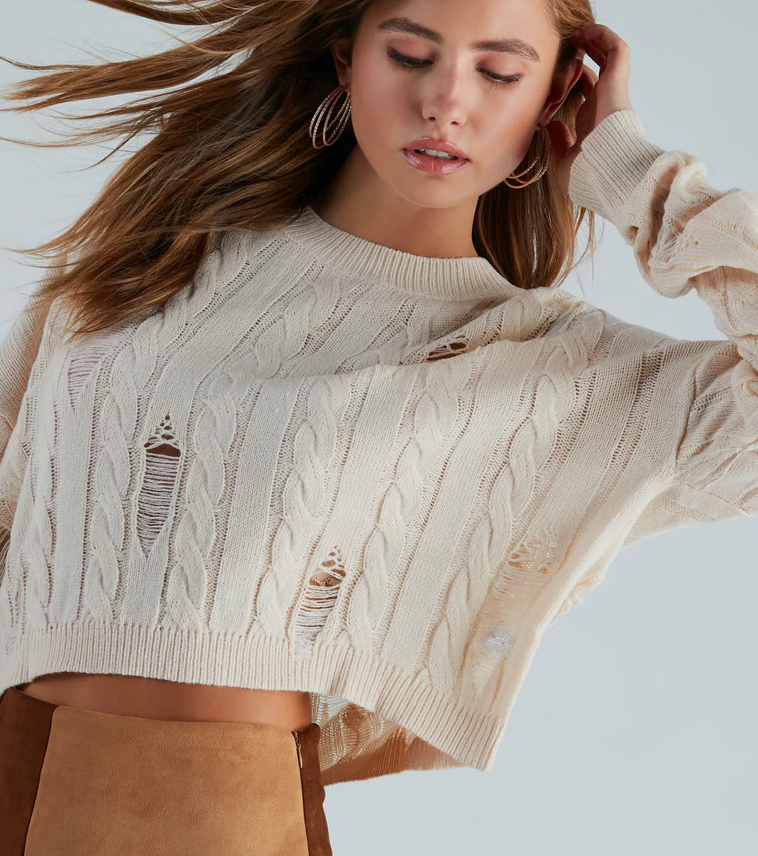 Latte Meet Up Distressed Cable Knit Sweater | Windsor
