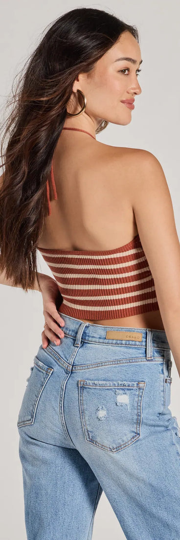 Upgrade your style game for 2025 with the Trendy In Stripes Halter Rib Knit Crop Top in multi-color, perfect for any fashion-forward wardrobe.