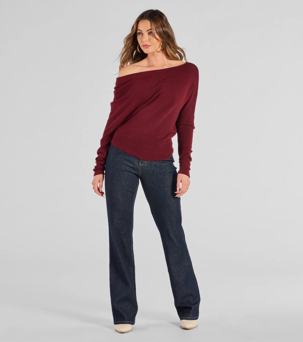 Cozy Co Chic Burgundy Colorblock Off Shoulder Knit Sweater main image 0