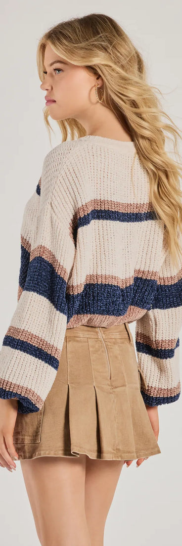 Layer-friendly Snuggly Chic Colorblock Striped Chenille Cropped Sweater is a chic, transitional ivory long-sleeve top with contemporary sleeves and neckline design, ideal for an elevated seasonal style or casual elegance.