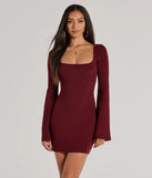 Make a statement in the Seasonal Staple Ribbed Knit Bell Sleeve Mini Dress, a plum bodycon dresses that blends unique design details with a tight silhouette for a head-turning holiday or New Year's eve dress.