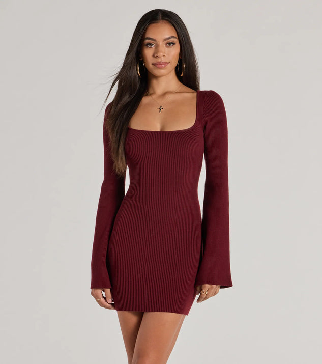 Make a statement in the Seasonal Staple Ribbed Knit Bell Sleeve Mini Dress, a plum bodycon dresses that blends unique design details with a tight silhouette for a head-turning holiday or New Year's eve dress.