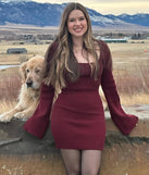 Make a statement in the Seasonal Staple Ribbed Knit Bell Sleeve Mini Dress, a plum bodycon dresses that blends unique design details with a tight silhouette for a head-turning holiday or New Year's eve dress.