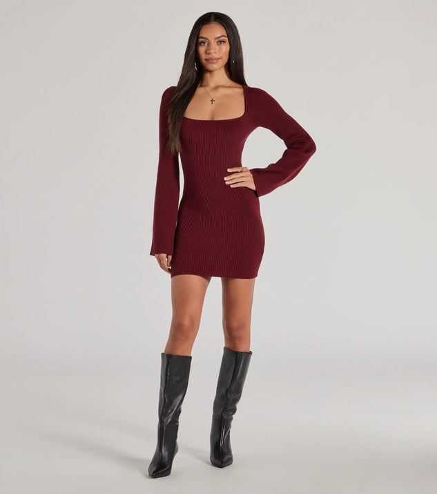 Make a statement in the Seasonal Staple Ribbed Knit Bell Sleeve Mini Dress, a plum bodycon dresses that blends unique design details with a tight silhouette for a head-turning holiday or New Year's eve dress.