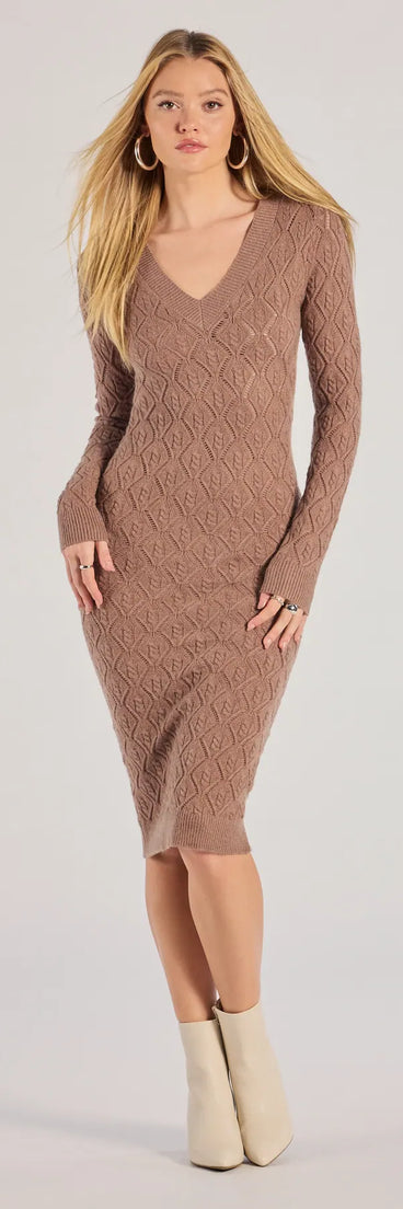 Revamp your 2025 wardrobe with this chic addition, the Stylish Embrace Cable Knit Midi Dress in mocha, perfect for elevating your style in the new year.