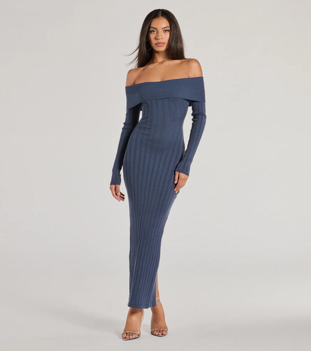 Make a statement in the Chic Choice Knit Off-The-Shoulder Maxi Dress, a blue bodycon dresses that blends unique design details with a tight silhouette for a head-turning holiday or New Year's eve dress.