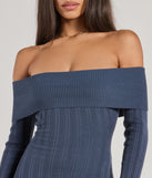The Chic Choice Knit Off-The-Shoulder Maxi Dress is a blue dress, an essential holiday or NYE dress that pairs chic style with versatility making it perfect for cocktail events, New Year's Eve parties, or as a winter wedding guest look.