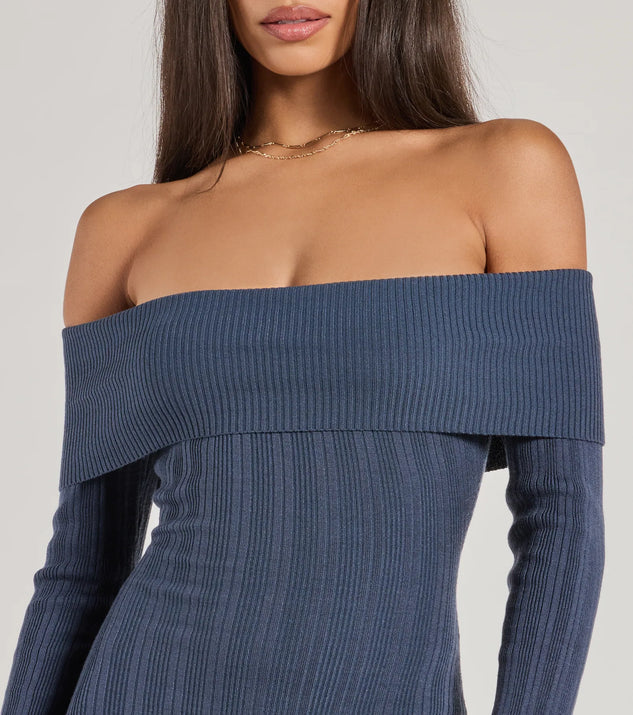 The Chic Choice Knit Off-The-Shoulder Maxi Dress is a blue dress, an essential holiday or NYE dress that pairs chic style with versatility making it perfect for cocktail events, New Year's Eve parties, or as a winter wedding guest look.