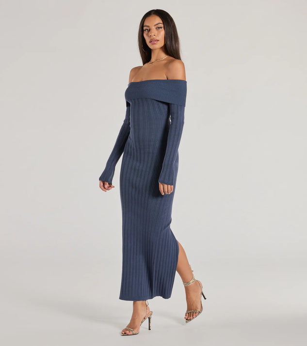 Make a statement in the Chic Choice Knit Off-The-Shoulder Maxi Dress, a blue bodycon dresses that blends unique design details with a tight silhouette for a head-turning holiday or New Year's eve dress.