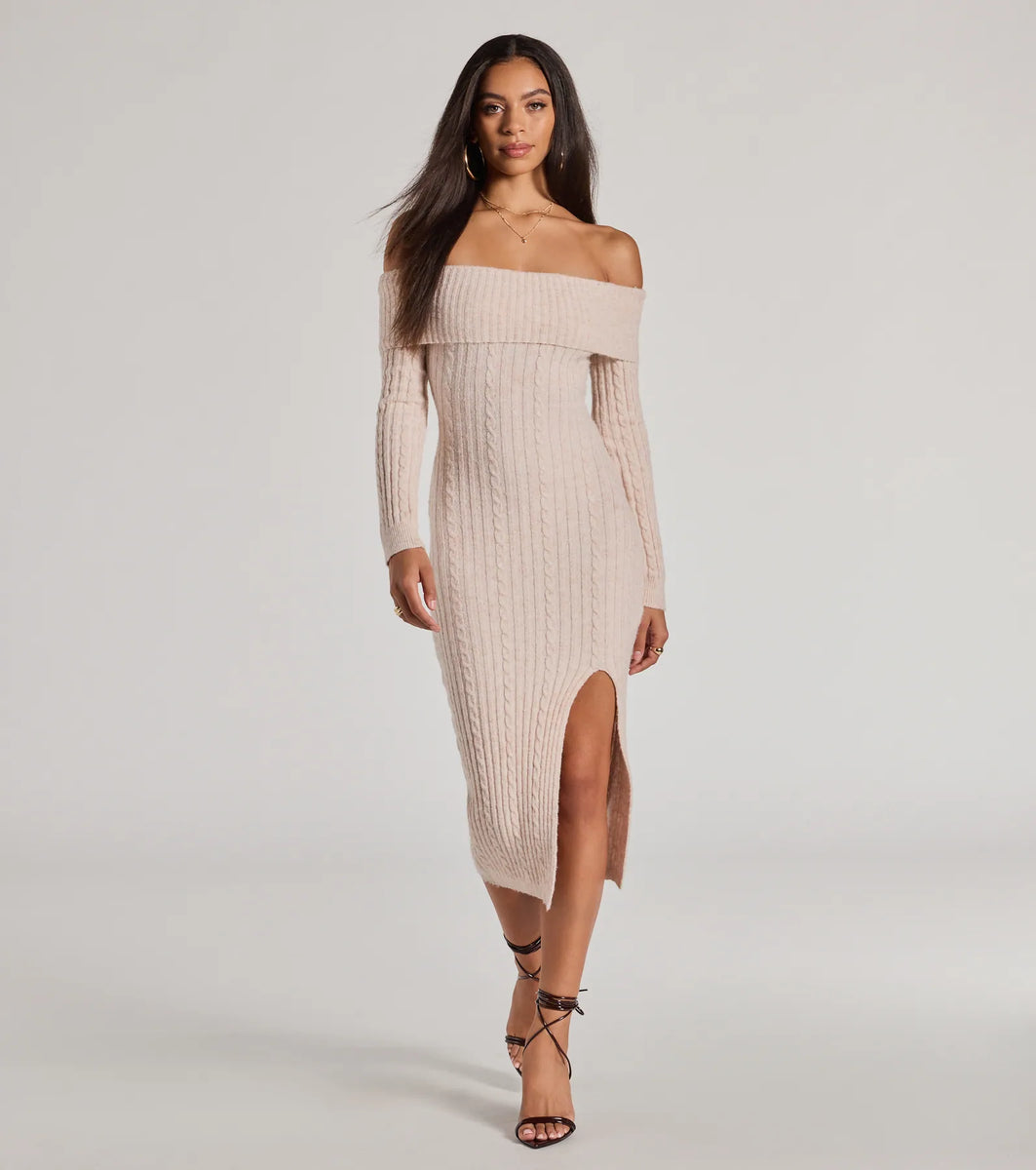 Cozy Luxe Cable Knit Off-The-Shoulder Midi Dress | Windsor Cozy Luxe Cable Knit Off-The-Shoulder Midi Dress | Windsor