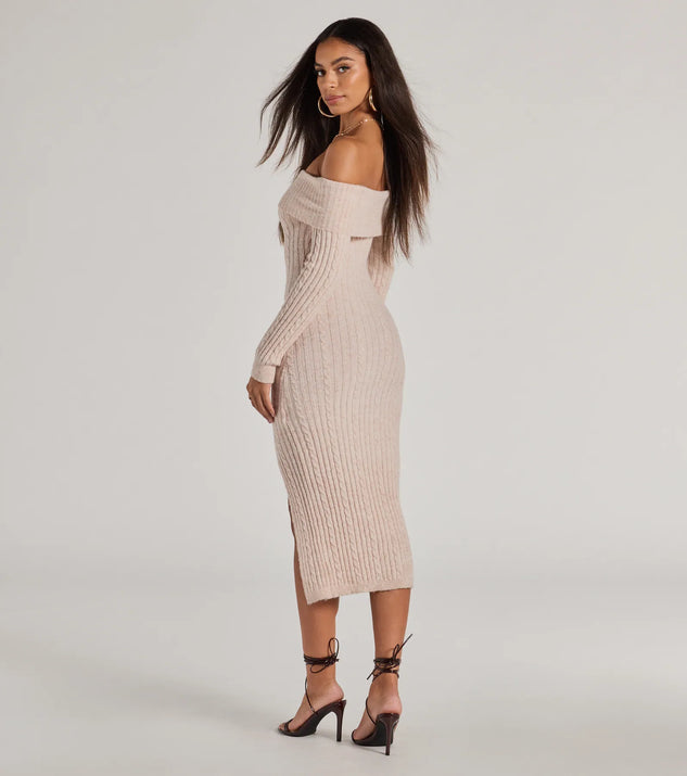 The Cozy Luxe Cable Knit Off-The-Shoulder Midi Dress is a cozy sweater dress made from soft, stretchy fabric, perfect for layering on chilly winter days or dressing up as a warm holiday dress.