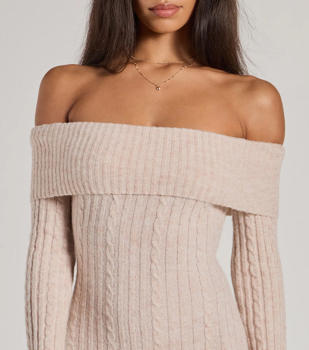 Stay stylish and warm in the Cozy Luxe Cable Knit Off-The-Shoulder Midi Dress, a textured knit sweater dress that's ideal for a winter date-night outfit or a chic brunch look.