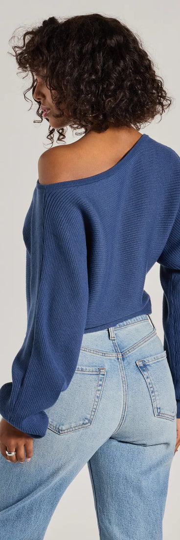 Layer-friendly Cozy Cutie Ribbed Knit Boat Neck Sweater is a chic, transitional blue long-sleeve top with contemporary sleeves and neckline design, ideal for an elevated cozy style or casual elegance.