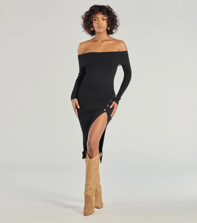 The Keeping Knit Chic Long Sleeve Midi Dress offers a versatile winter style, with a cozy sweater knit perfect for office wear, casual day outings, or layered winter outfits.