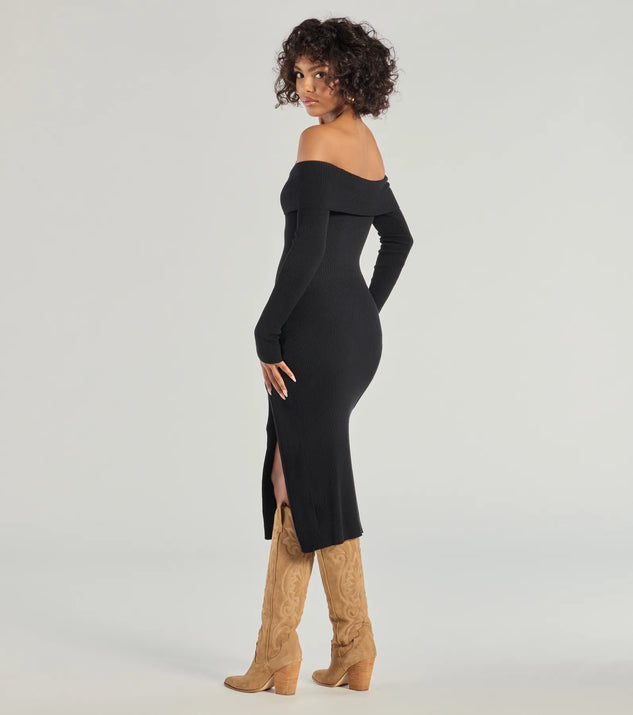 The Keeping Knit Chic Long Sleeve Midi Dress is a cozy sweater dress made from soft, stretchy fabric, perfect for layering on chilly winter days or dressing up as a warm holiday dress.