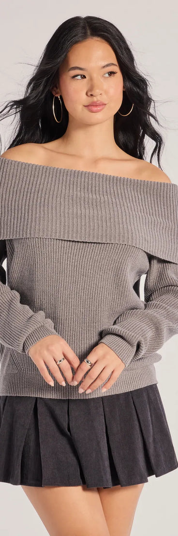 The Cozy Factor Ribbed Knit Off-The-Shoulder Sweater in charcoal with a modern design and trendy look is part of the latest women's tops collection to elevate your 2025 wardrobe.