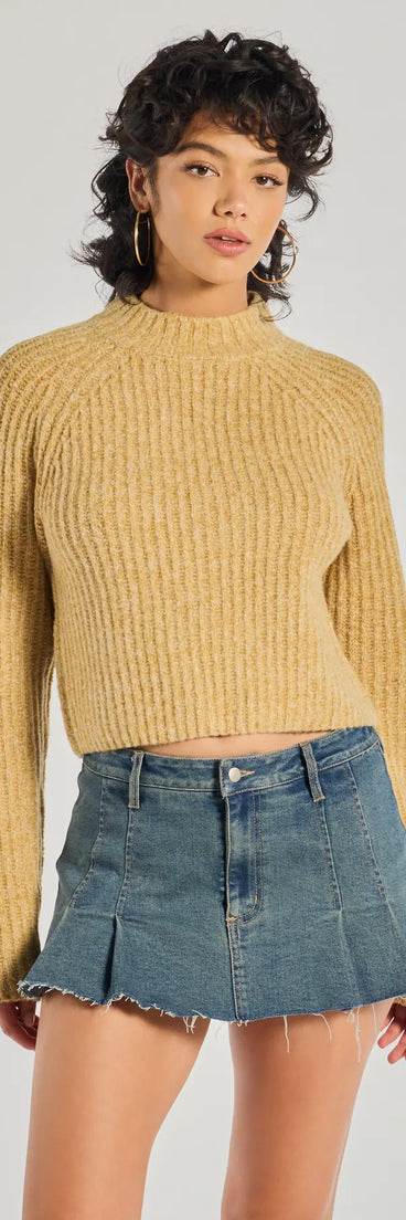 The Stylishly Casual Mock Neck Knit Sweater in mustard yellow with a modern design and trendy look is part of the latest women's tops collection to elevate your 2025 wardrobe.