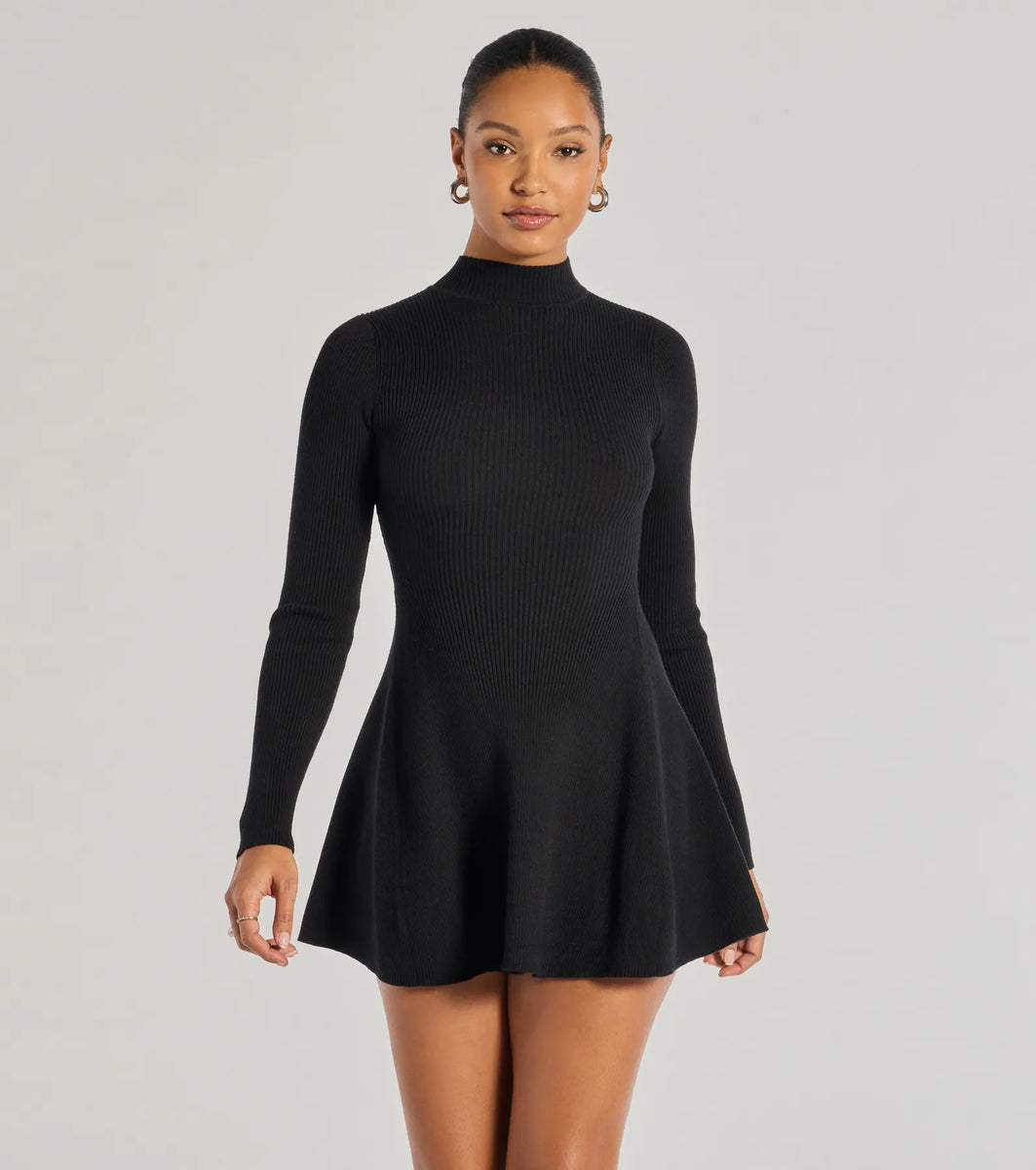 millie knit long sleeve turtleneck skater mini dress Cute And Cozy Mock Neck Knit Skater Dress