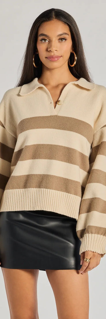 The Stripe Sensation Collared Pullover Sweater in taupe with a modern design and trendy look is part of the latest women's tops collection to elevate your 2025 wardrobe.