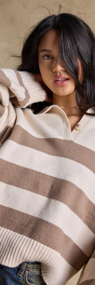 Upgrade your style game for 2025 with the Stripe Sensation Collared Pullover Sweater in taupe, perfect for any fashion-forward wardrobe.