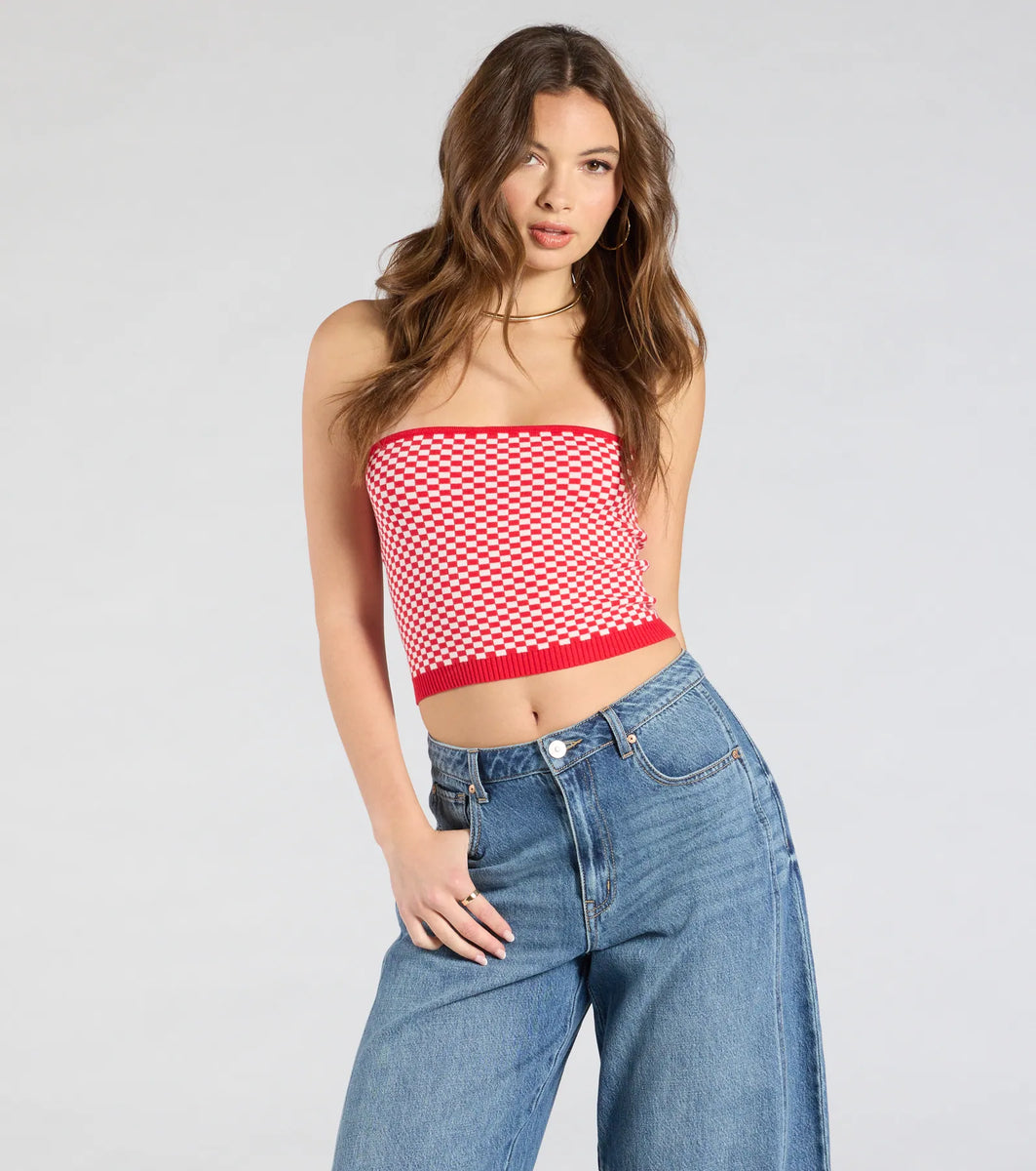 Race To The Finish Strapless Checkered Tube Top | Windsor