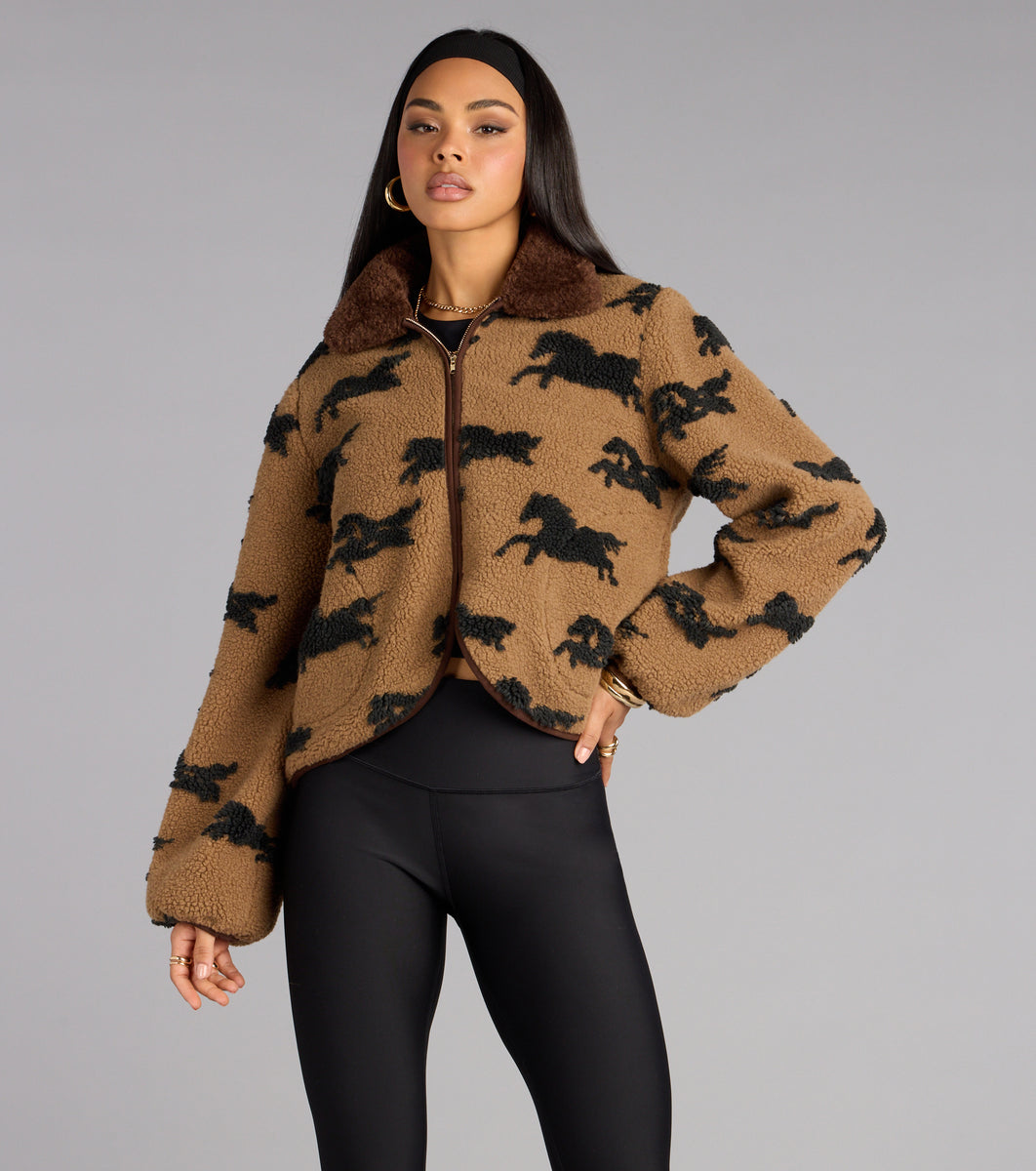 Wild Spirit Horse Print Faux Sherpa Jacket | Windsor