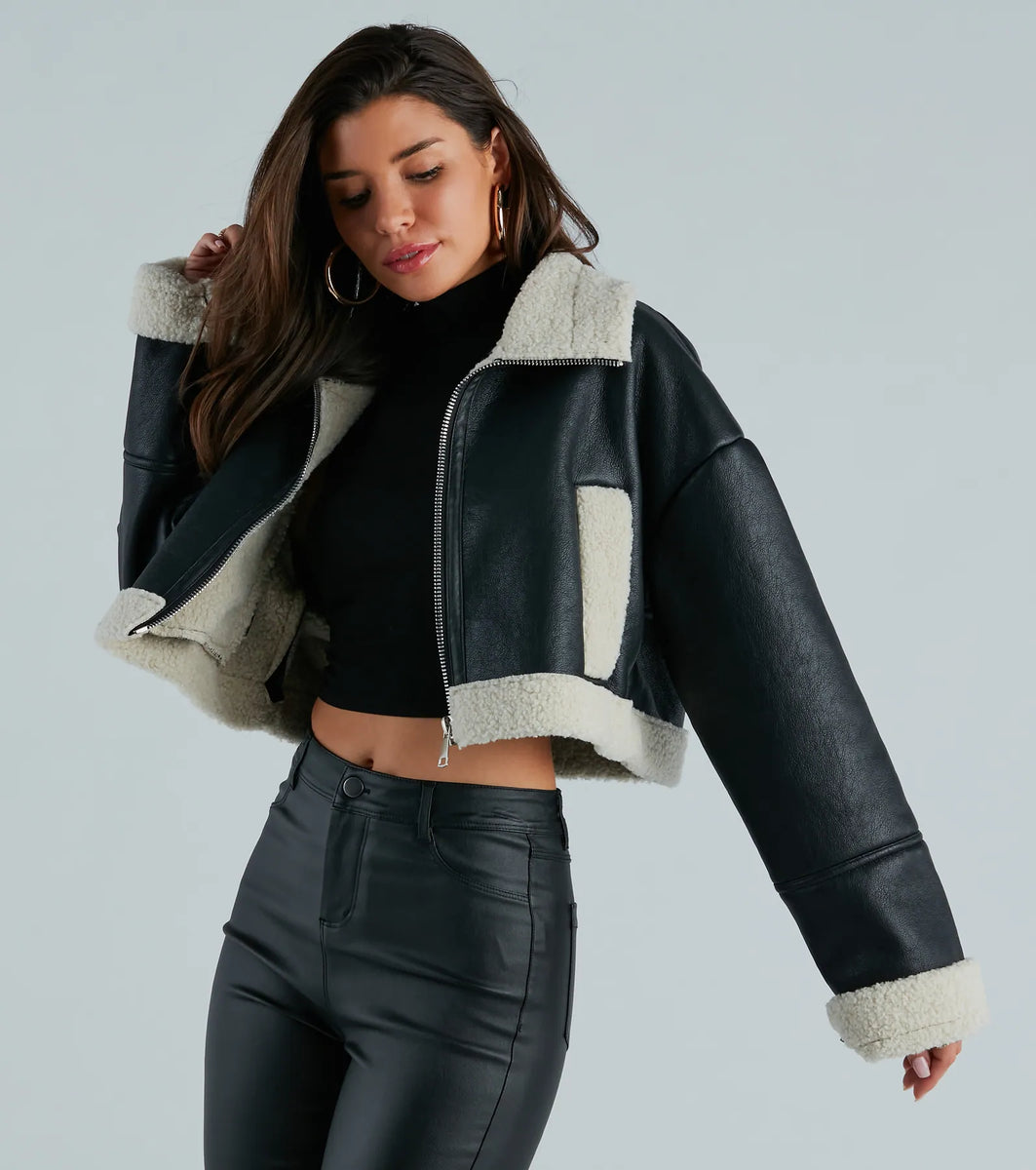 BIG SLEEVE FAUX LEATER ジャケット Black Faux Leather Bow Sleeve Oversized Jacket | Outerwear