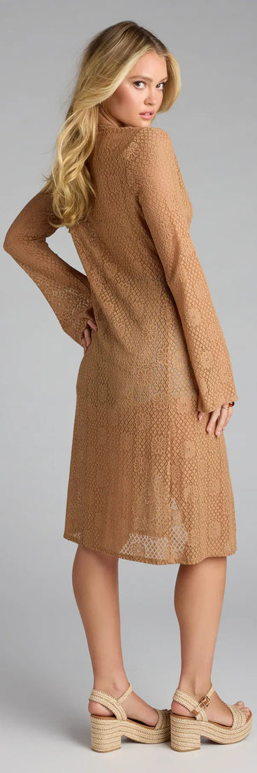Refresh your wardrobe with the Beach Siren Energy Crochet Lace Duster, a tan fashion jacket that adds statement style to every look.