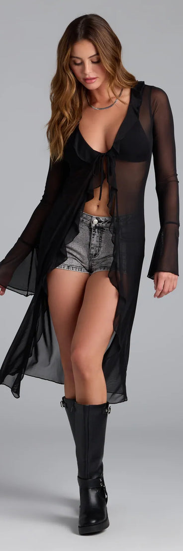 Refresh your wardrobe with the Sheer For The Drama Ruffled Tie Front Mesh Duster, a black fashion jacket that adds statement style to every look.