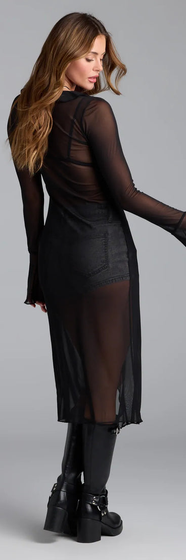 Refresh your wardrobe with the Sheer For The Drama Ruffled Tie Front Mesh Duster, a black fashion jacket that adds statement style to every look.
