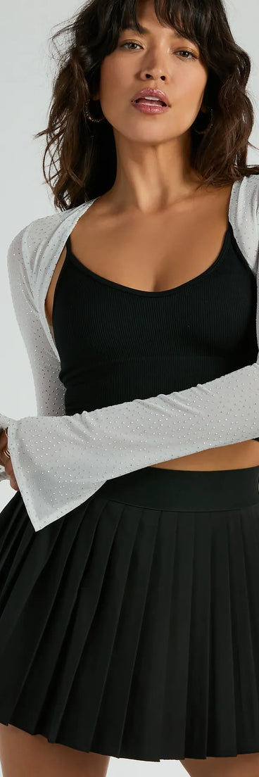 Wrap up in style with the Glam Time Long Sleeve Rhinestone Mesh Bolero, a cozy white sweater for women designed for night-out looks, everyday outfits, or as a chic layering piece for the colder months.