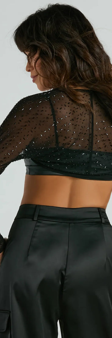 Wrap up in style with the Here To Shimmer Rhinestone Mesh Bolero, a cozy sweater for women designed for night-out looks, everyday outfits, or as a chic layering piece for the colder months.