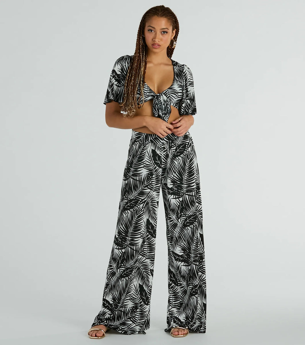 りー Time For Vacay Tie Front Tropical Crop Top | Windsor